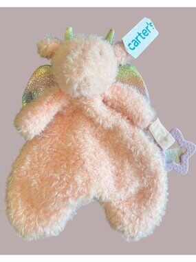 Carters Pink Plush Dragon Security Blanket With Teether & Glitter Wings 11 Inche